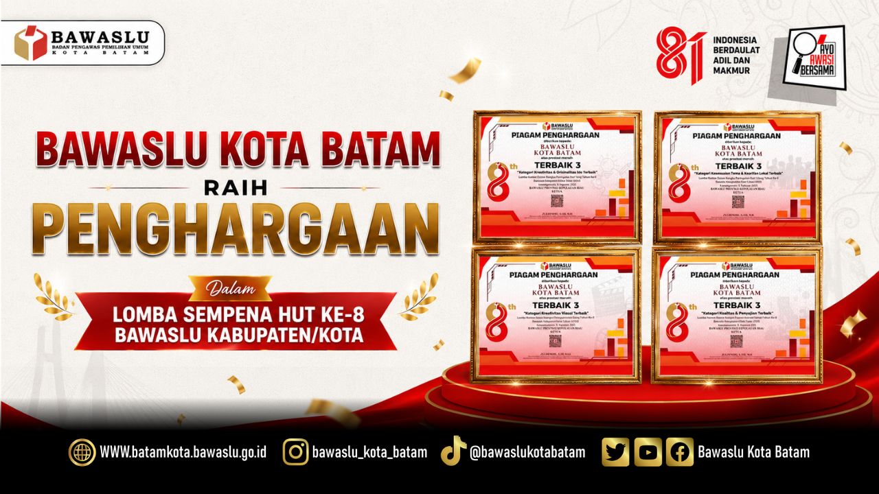 Bawaslu Kota Batam menorehkan capaian dengan meraih empat penghargaan dalam Lomba Sempena HUT ke-8 Bawaslu Kabupaten/Kota se-Provinsi Kepulauan Riau.